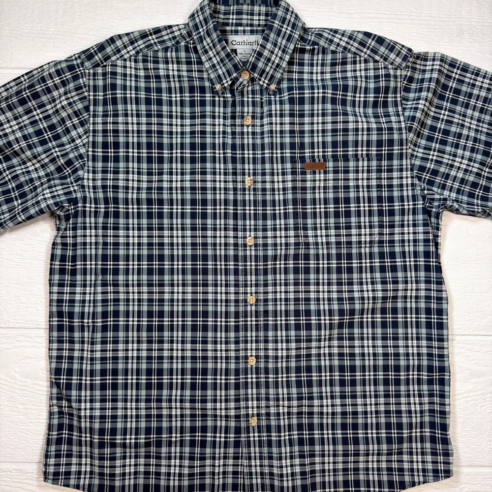 Vintage Carhartt Men’s Blue Plaid Button Down Short Sleeve Relaxed Shirt Size L